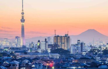 City view with Skytree and Mountain Fuji, Tokyo